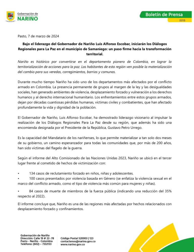 Lee más sobre el artículo Bajo el liderazgo del Gobernador de Nariño Luis Alfonso Escobar, iniciarán los Diálogos Regionales para La Paz en el municipio de Samaniego: un paso firme hacia la transformación territorial.