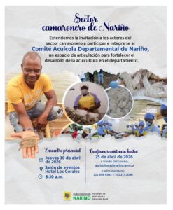 Volante digital de la Gobernación de Nariño invitando al sector camaronero a integrarse al Comité Acuícola Departamental. Muestra fotografías de un productor de camarón en campo, una trabajadora de procesamiento y un grupo de operarios en planta.