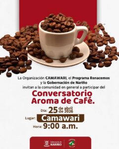 Afiche promocional del Conversatorio Aroma de Café en Nariño. En la parte superior se destaca una taza blanca rebosante de granos de café tostados sobre un fondo blanco y rojo.