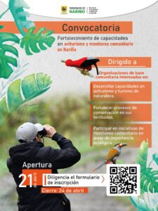 Afiche de la Gobernación de Nariño sobre la convocatoria para el fortalecimiento de capacidades en aviturismo y monitoreo comunitario. Muestra a una persona observando aves con binoculares y especies nativas como el Gallito de las Rocas y un Tucán.