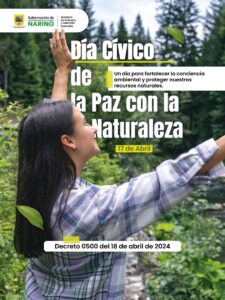 Imagen conmemorativa del Día Cívico de la Paz con la Naturaleza. Se observa a una mujer con los brazos abiertos en un entorno boscoso cerca de un río, simbolizando la conexión con el medio ambiente.