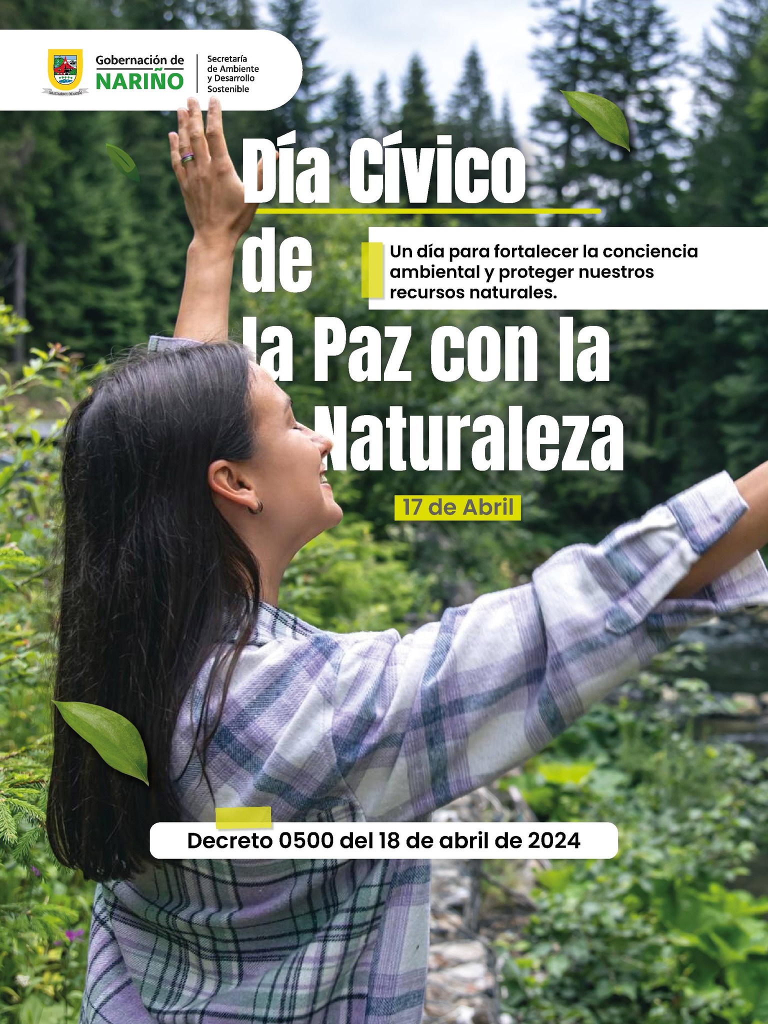 Imagen conmemorativa del Día Cívico de la Paz con la Naturaleza. Se observa a una mujer con los brazos abiertos en un entorno boscoso cerca de un río, simbolizando la conexión con el medio ambiente.