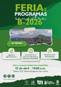 Afiche de la Feria de Programas Semestre B-2026 en La Unión, Nariño. Incluye una fotografía panorámica del municipio y los logos de la Universidad de Nariño y la Gobernación de Nariño.
