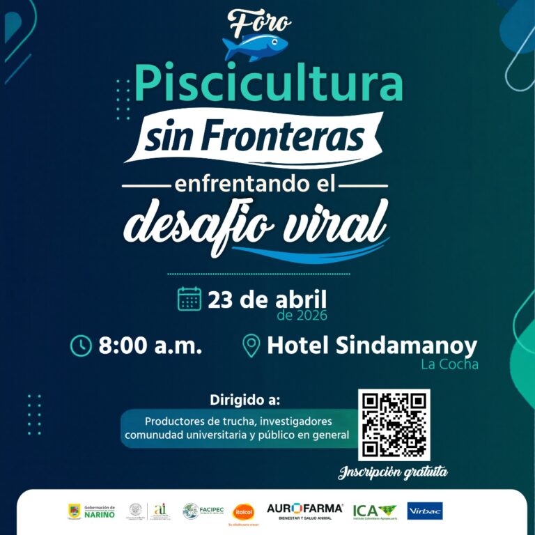 Pieza publicitaria del Foro "Piscicultura sin Fronteras: enfrentando el desafío viral" en la Laguna de La Cocha, Nariño.