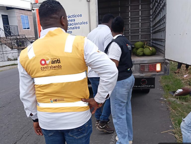 Personal del Grupo Anticontrabando de la Gobernación de Nariño inspeccionando un vehículo de carga en una vía pública.