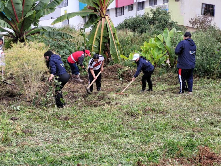 Integrantes de la comunidad y funcionarios de la Gobernación de Nariño realizan labores de limpieza con herramientas manuales para la creación de una huerta comunitaria en el sector El Común – Alameda.