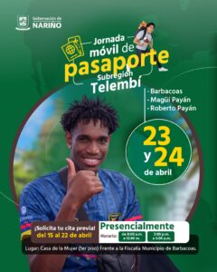Afiche de la Gobernación de Nariño que anuncia la Jornada Móvil de Pasaporte para la Subregión del Telembí. En la imagen destaca un joven con una camiseta deportiva y el pulgar arriba, simbolizando éxito en el trámite.