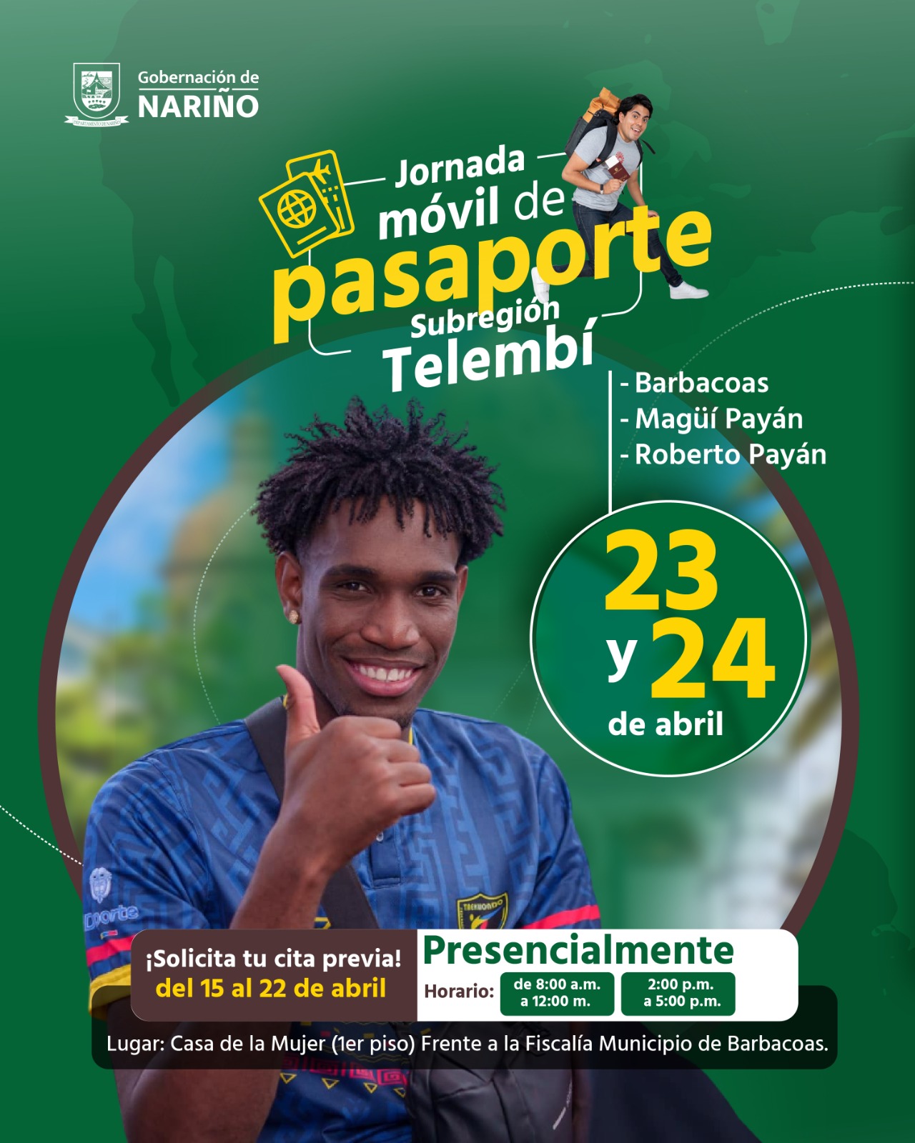 Afiche de la Gobernación de Nariño que anuncia la Jornada Móvil de Pasaporte para la Subregión del Telembí. En la imagen destaca un joven con una camiseta deportiva y el pulgar arriba, simbolizando éxito en el trámite.