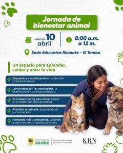 Afiche de la Gobernación de Nariño sobre la Jornada de Bienestar Animal en El Tambo. Se observa a una joven sonriente junto a un perro y un gato, rodeados de elementos gráficos de huellas verdes.