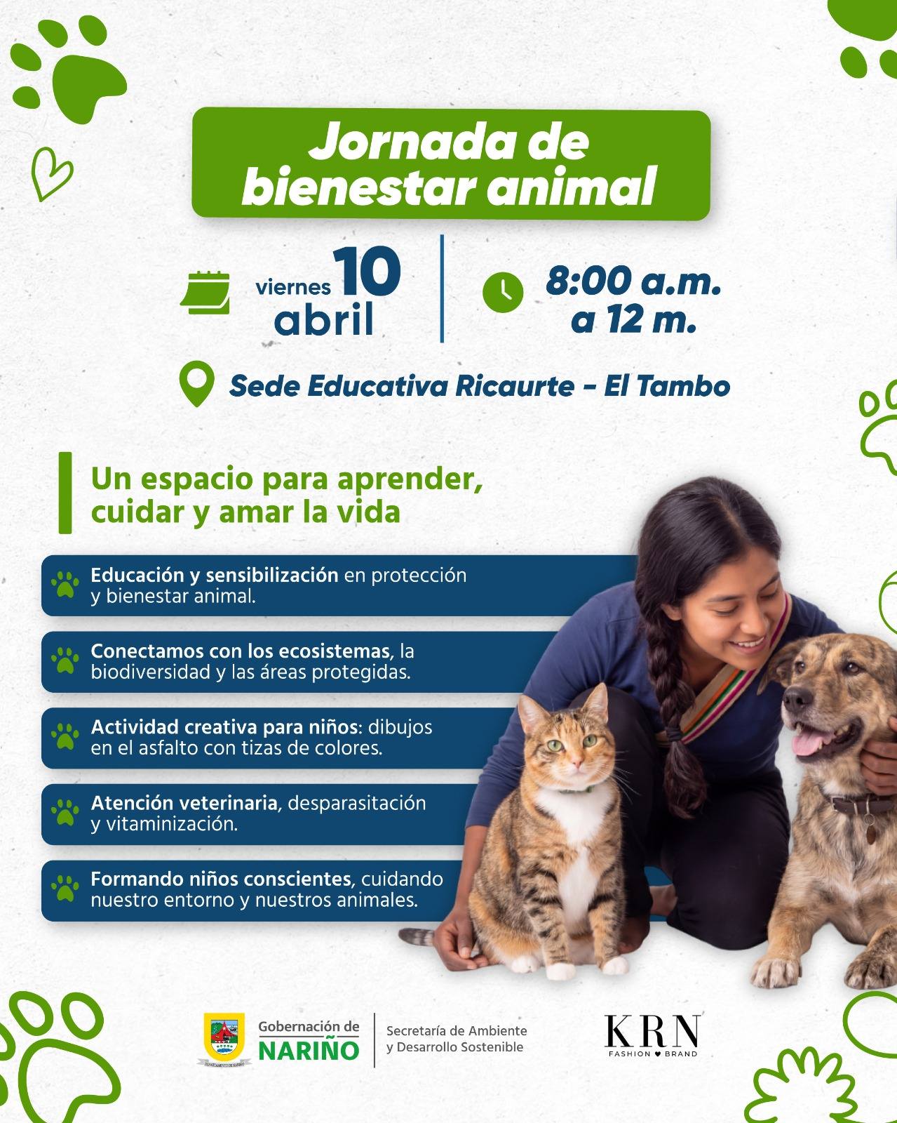 Afiche de la Gobernación de Nariño sobre la Jornada de Bienestar Animal en El Tambo. Se observa a una joven sonriente junto a un perro y un gato, rodeados de elementos gráficos de huellas verdes.