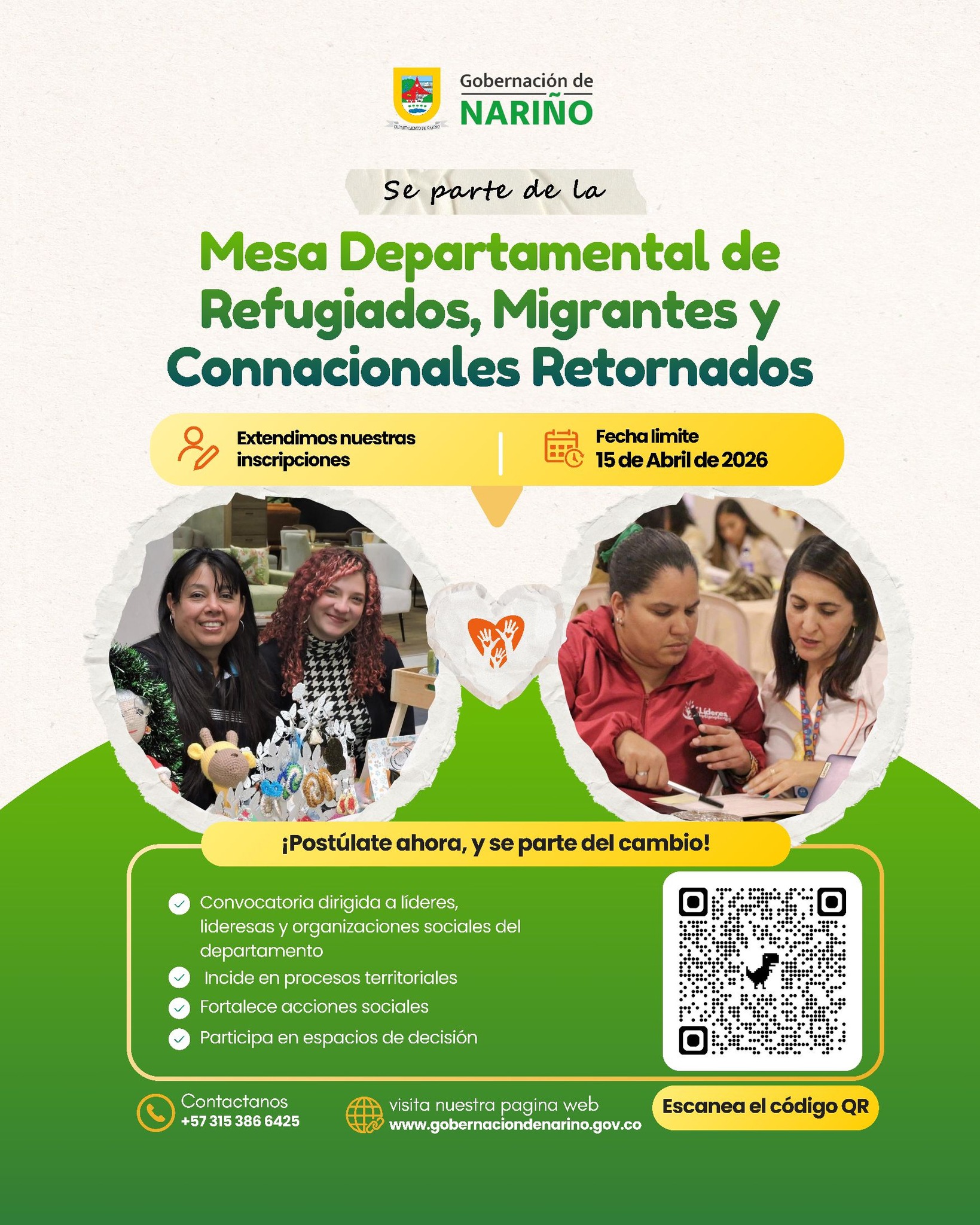 Afiche de la Gobernación de Nariño invitando a participar en la Mesa Departamental de Refugiados, Migrantes y Connacionales Retornados. Muestra dos fotografías de mujeres líderes participando en talleres y ferias de emprendimiento.