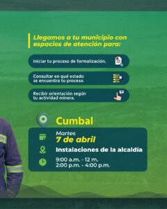 Serie de piezas gráficas de la Gobernación de Nariño y la Agencia Nacional de Minería que anuncian jornadas de formalización minera en Cumbal, Mallama, Ricaurte y Santa Cruz de Guachavéz. Detallan procesos de inscripción, consulta y orientación técnica en las alcaldías locales.