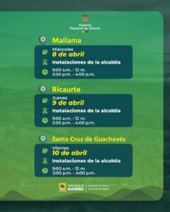 Serie de piezas gráficas de la Gobernación de Nariño y la Agencia Nacional de Minería que anuncian jornadas de formalización minera en Cumbal, Mallama, Ricaurte y Santa Cruz de Guachavéz. Detallan procesos de inscripción, consulta y orientación técnica en las alcaldías locales.
