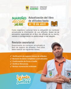 Afiche informativo de la Gobernación de Nariño sobre la campaña "Nariño Decide JAC 2026". Muestra a un líder comunitario con chaleco institucional y detalla los pasos para la actualización del libro de afiliados.