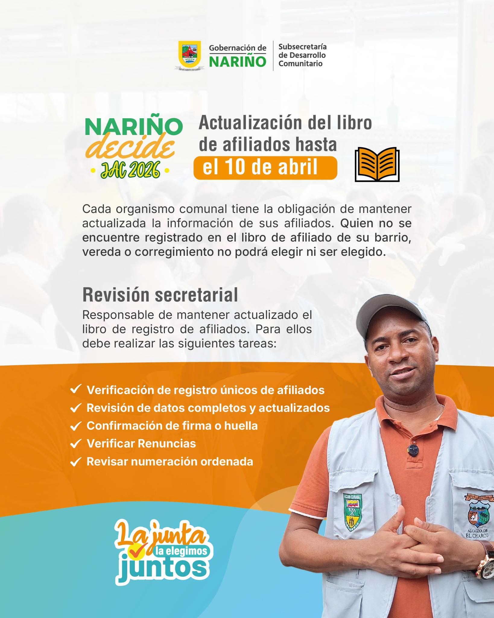 Afiche informativo de la Gobernación de Nariño sobre la campaña "Nariño Decide JAC 2026". Muestra a un líder comunitario con chaleco institucional y detalla los pasos para la actualización del libro de afiliados.