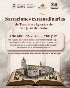 Serie de cuatro afiches institucionales de la Gobernación de Nariño que anuncian la programación cultural de "Tierra de Fe y Espiritualidad". Incluye una exposición de arte religioso, un concierto de violín, un conversatorio sobre espiritualidad femenina y una jornada de narraciones sobre los templos de Pasto. Todos comparten una estética de papel pergamino y tonos tierra.
