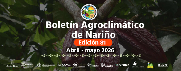 Banner oficial del Boletín Agroclimático de Nariño Edición 81 (abril-mayo 2026), con imagen de frutos de cacao y logotipos de las instituciones aliadas de la Mesa Técnica Agroclimática (MTA).