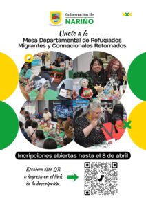 Afiche de la Gobernación de Nariño invitando a unirse a la Mesa Departamental de Refugiados, Migrantes y Connacionales Retornados. Presenta un collage de cuatro fotografías que muestran ferias de emprendimiento, artesanías, tejidos y productos gastronómicos elaborados por la comunidad.
