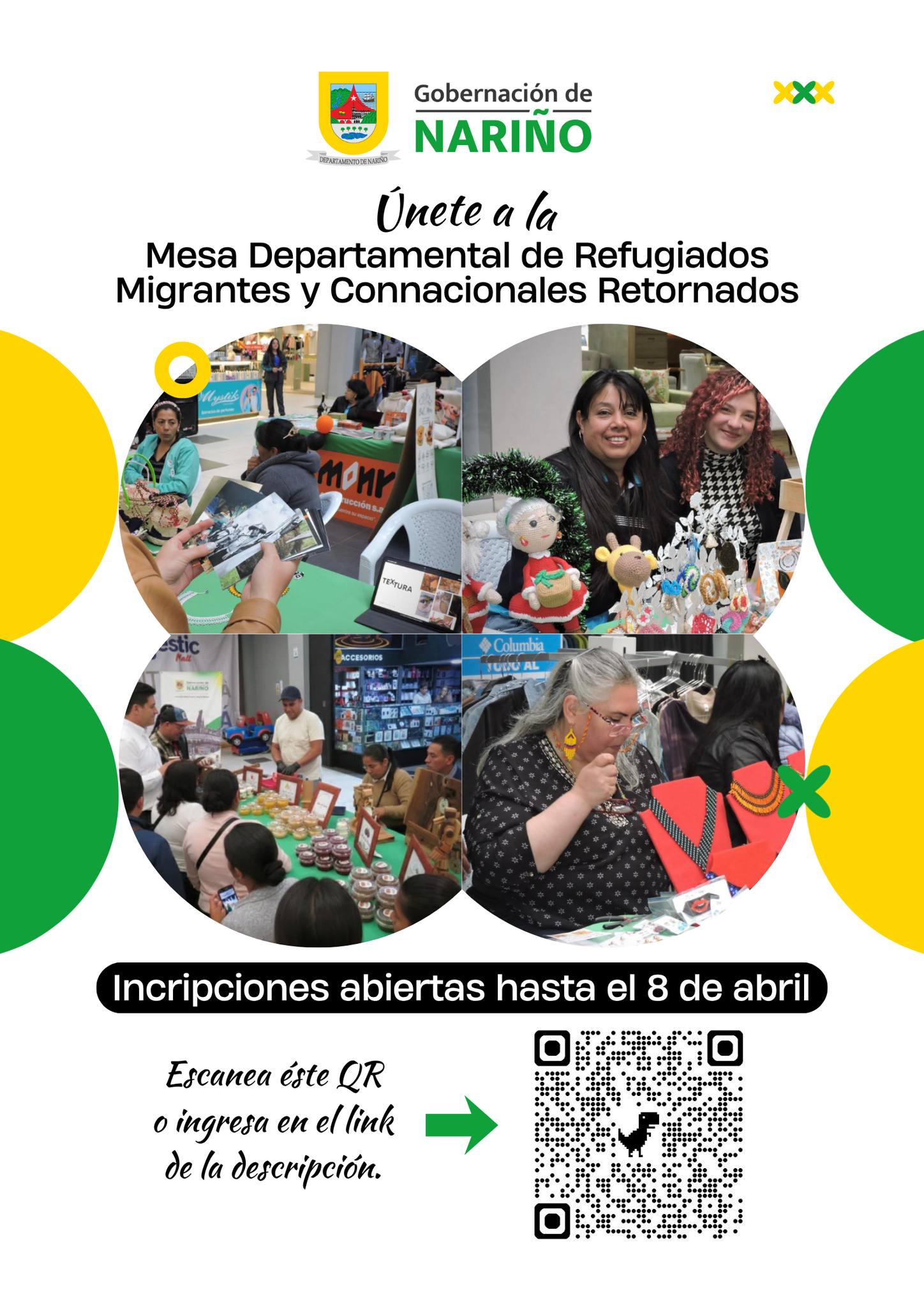 Afiche de la Gobernación de Nariño invitando a unirse a la Mesa Departamental de Refugiados, Migrantes y Connacionales Retornados. Presenta un collage de cuatro fotografías que muestran ferias de emprendimiento, artesanías, tejidos y productos gastronómicos elaborados por la comunidad.