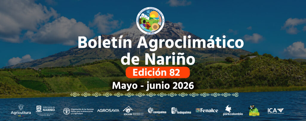 Banner oficial del Boletín Agroclimático de Nariño, Edición 82 (mayo - junio 2026), con una vista panorámica del Volcán Galeras y la Laguna de La Cocha al fondo. Título: Banner Principal - Boletín Agroclimático de Nariño Edición 82.