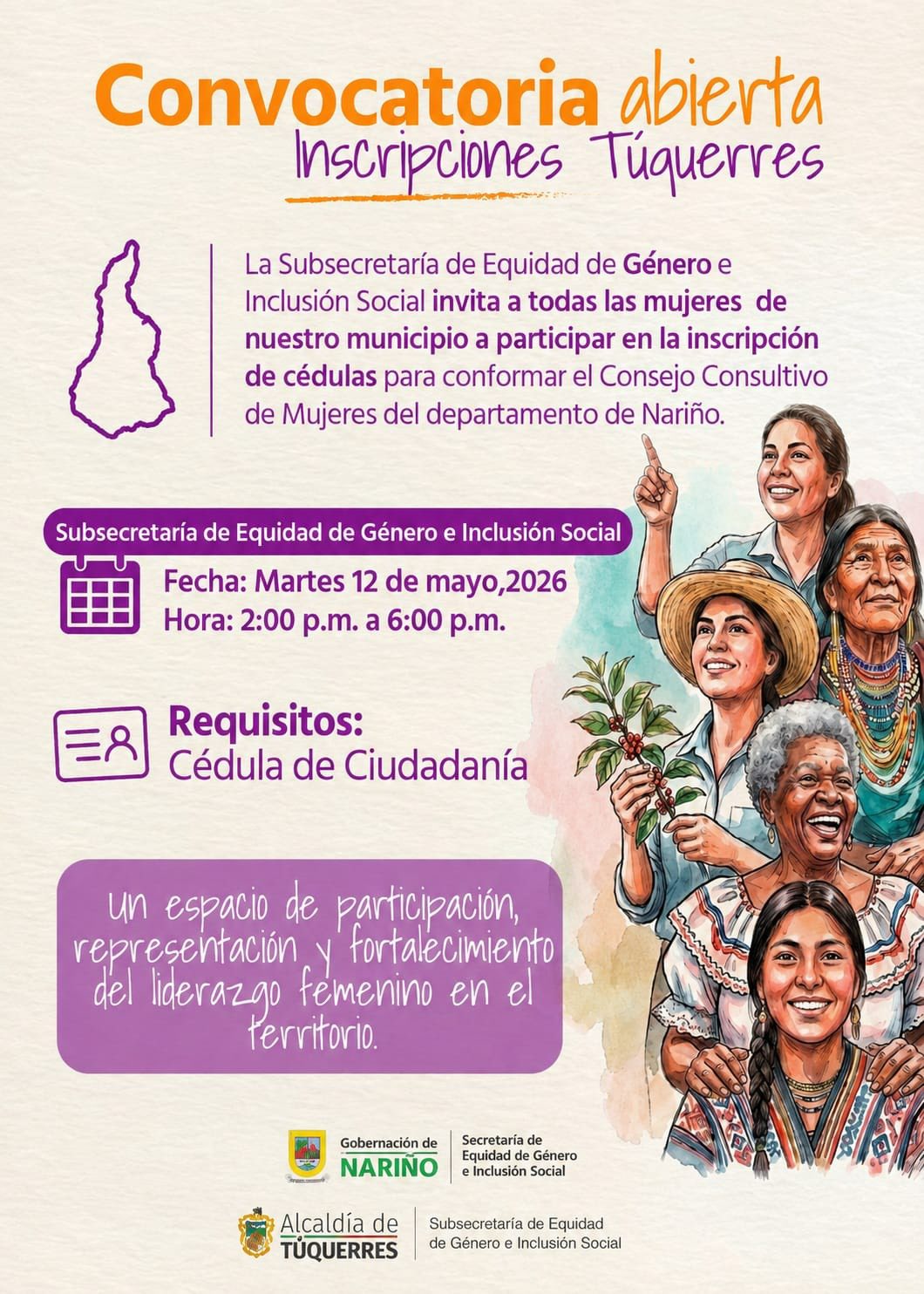 Afiche de la Secretaría de Equidad de Género e Inclusión Social de Nariño para la inscripción de cédulas al Consejo Consultivo Departamental de Mujeres en Túquerres. Muestra ilustraciones de mujeres diversas y detalla la jornada del martes 12 de mayo de 2026 en articulación con la alcaldía local.