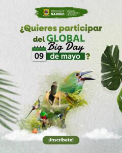 Afiche oficial de la Gobernación de Nariño invitando a participar en el Global Big Day el 09 de mayo, con una ilustración central de aves exóticas y biodiversas sobre un fondo verde y blanco texturizado.