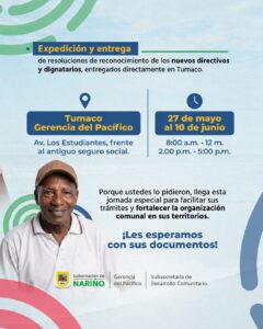 Infografía de la Gobernación de Nariño titulada 'Brigada de Atención Comunal Pacífico' dirigida a organismos de acción comunal de los diez municipios de la costa pacífica. Muestra a una mujer afrodescendiente sonriente y detalla los servicios de asesoría en elecciones y la recepción y radicación de documentos para nuevos directivos.
