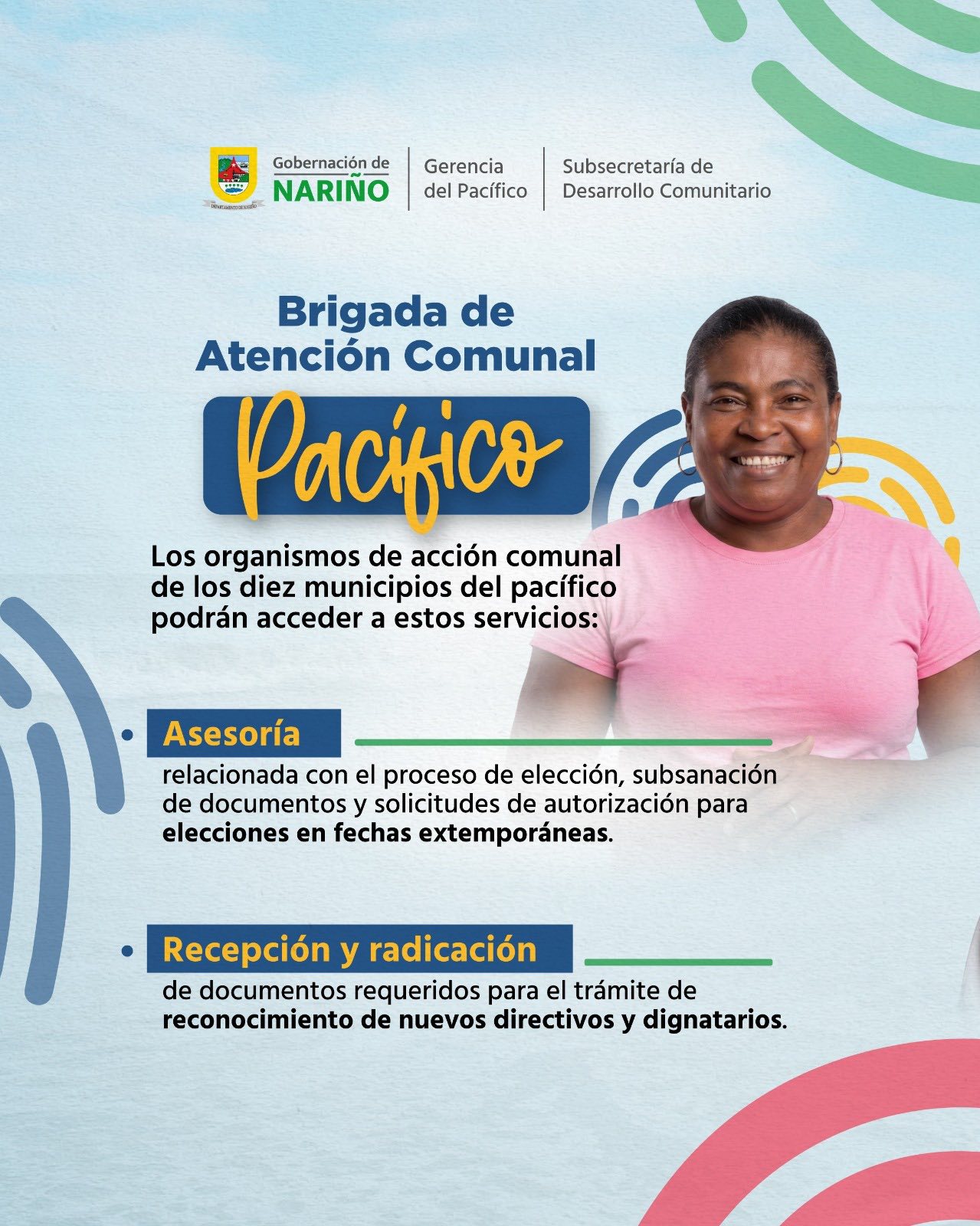 Infografía de la Gobernación de Nariño que detalla el lugar y fechas de la Brigada de Atención Comunal en Tumaco. Incluye la dirección de la Gerencia del Pacífico, el horario de atención del 27 de mayo al 10 de junio, y la fotografía de un hombre afrodescendiente con gorra.