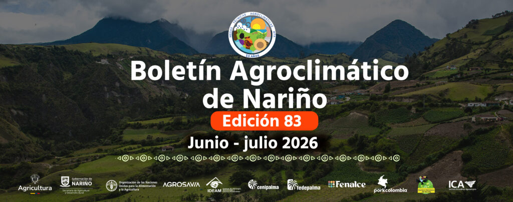 Vista previa de la portada y páginas del Boletín Agroclimático de Nariño, Edición 83 (Junio - Julio 2026) , elaborado por la Mesa Técnica Agroclimática (MTA) , con mapas de predicción climática de lluvias , riesgos , recomendaciones por cultivos y logotipos de las entidades aliadas.