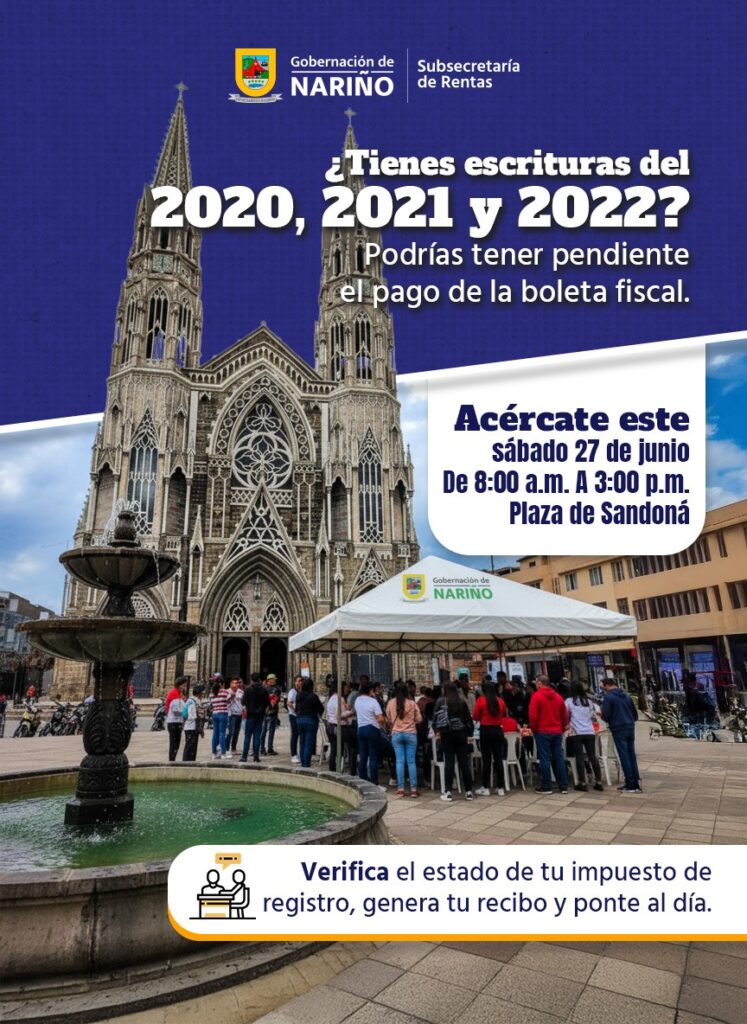 Afiche informativo de la Subsecretaría de Rentas de Nariño que invita a la brigada de verificación del impuesto de registro el sábado 27 de junio en Sandoná, con una foto de la Basílica de Nuestra Señora del Rosario al fondo.
