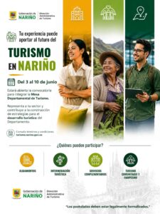 Afiche oficial de la Gobernación de Nariño que anuncia la convocatoria para integrar la Mesa Departamental de Turismo, abierta del 3 al 10 de junio. La pieza gráfica muestra imágenes verticales de tres personas que representan sectores económicos y comunitarios del departamento, detalla los sectores convocados (alojamientos, intermediación, servicios complementarios, turismo comunitario y campesino) e incluye el sitio web institucional para consultar términos y condiciones.