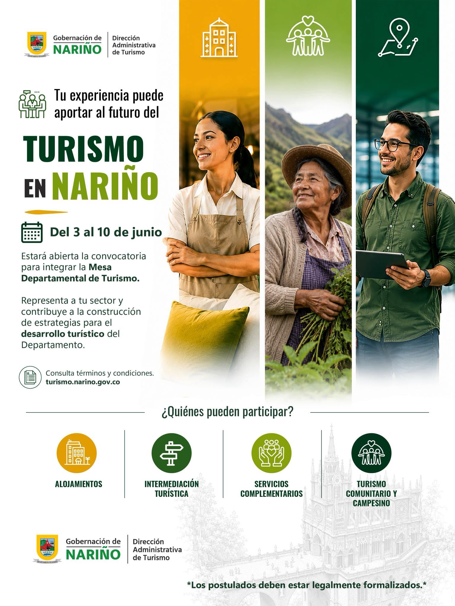 Afiche oficial de la Gobernación de Nariño que anuncia la convocatoria para integrar la Mesa Departamental de Turismo, abierta del 3 al 10 de junio. La pieza gráfica muestra imágenes verticales de tres personas que representan sectores económicos y comunitarios del departamento, detalla los sectores convocados (alojamientos, intermediación, servicios complementarios, turismo comunitario y campesino) e incluye el sitio web institucional para consultar términos y condiciones.