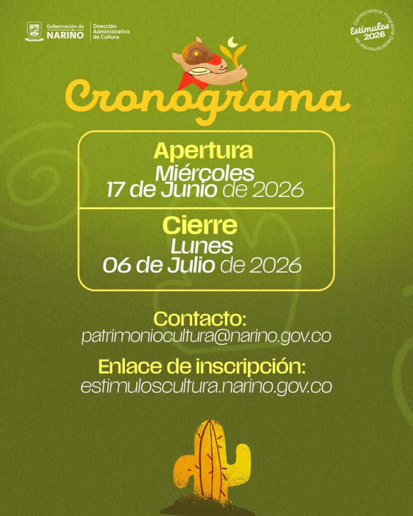 Pieza gráfica oficial con el cronograma de la segunda fase de la Convocatoria del Programa Departamental de Estímulos 2026.