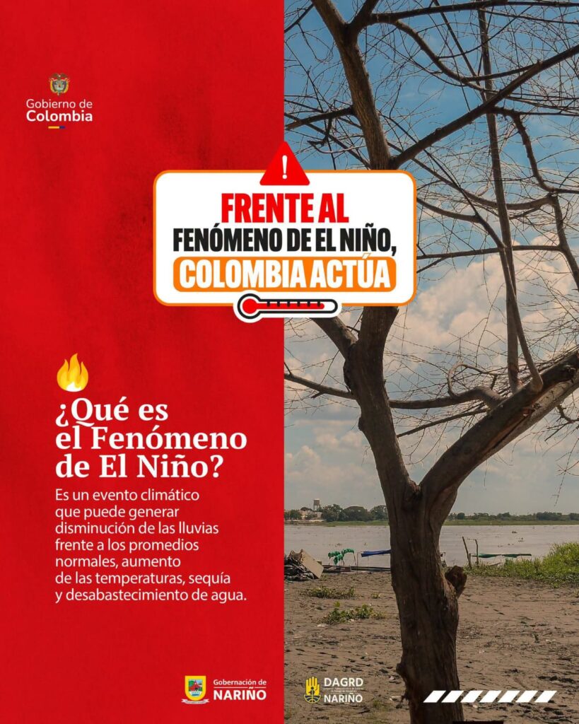 Infografía educativa que explica qué es el Fenómeno de El Niño, sus efectos en las temperaturas y la disminución de lluvias en el territorio nacional.