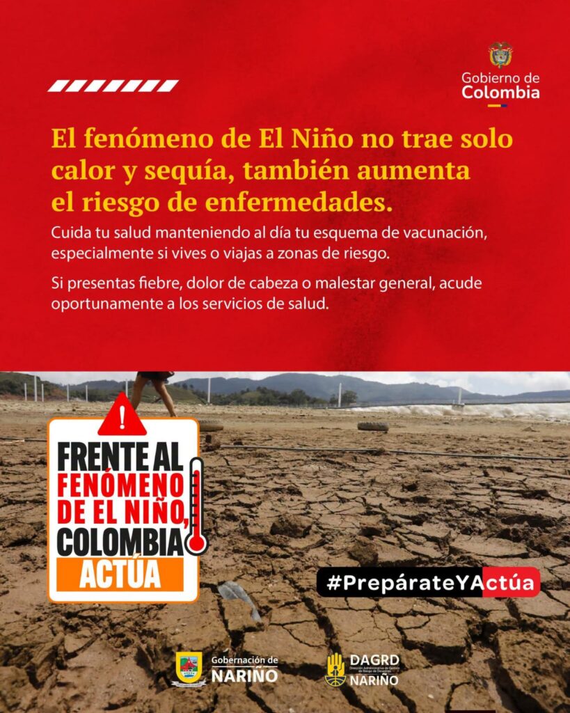 Infografía institucional de la campaña Frente al Fenómeno de El Niño, Colombia Actúa, enfocada en la prevención de enfermedades y el cuidado de la salud ante la sequía.