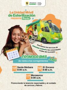 Afiche oficial de la Gobernación de Nariño que anuncia el cronograma de junio de la Unidad Móvil de Esterilización en los corregimientos de Pasto: Santa Bárbara (12 de junio), El Encano (16 de junio) y Morasurco (17 de junio). Incluye la ilustración de un vehículo verde adecuado para la atención animal, una mujer sonriente con su mascota y los logos institucionales.