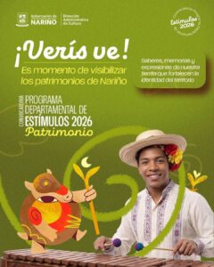Pieza promocional de la Dirección Administrativa de Cultura de Nariño titulada 'Convocatoria Programa Departamental de Estímulos 2026 - Patrimonio'. Muestra a un joven afrodescendiente tocando la marimba de chonta e ilustraciones alusivas al patrimonio regional sobre un fondo verde.