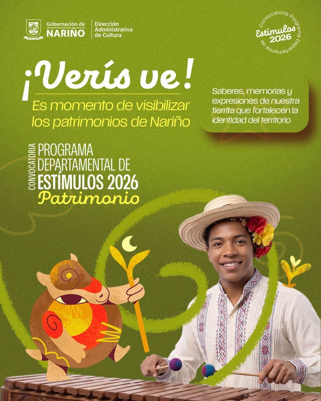 Pieza promocional de la Dirección Administrativa de Cultura de Nariño titulada 'Convocatoria Programa Departamental de Estímulos 2026 - Patrimonio'. Muestra a un joven afrodescendiente tocando la marimba de chonta e ilustraciones alusivas al patrimonio regional sobre un fondo verde.