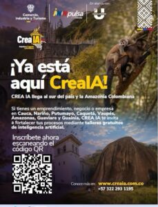 Afiche publicitario de la convocatoria 'CreaIA' del Ministerio de Comercio, iNNpulsa y San Alfonso. Promueve talleres gratuitos de inteligencia artificial para emprendimientos en el sur del país y la Amazonía. Incluye un código QR para inscripción.