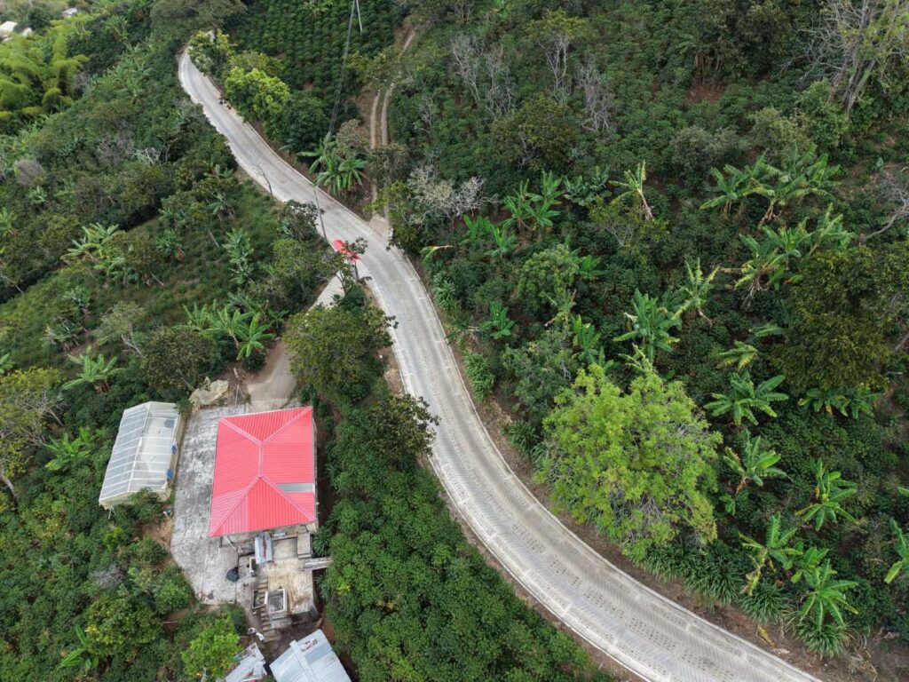 Vista aérea con dron de un tramo de vía rural con placa huella rodeado de vegetación densa, cultivos de café y plátano en San Pablo, Nariño. Se observa una casa con techo rojo brillante y una estructura de invernadero junto al camino.