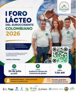 Afiche promocional del I Foro Lácteo del Suroccidente Colombiano 2026, a realizarse el 30 de julio en la Cámara de Comercio de Ipiales.