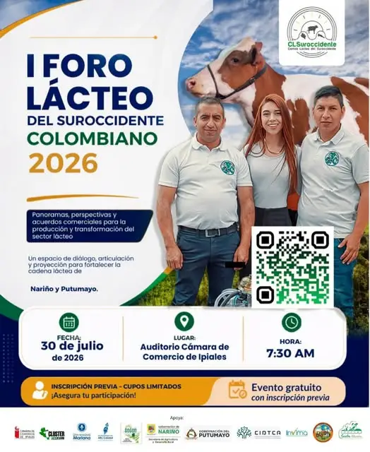 Afiche promocional del I Foro Lácteo del Suroccidente Colombiano 2026, a realizarse el 30 de julio en la Cámara de Comercio de Ipiales.