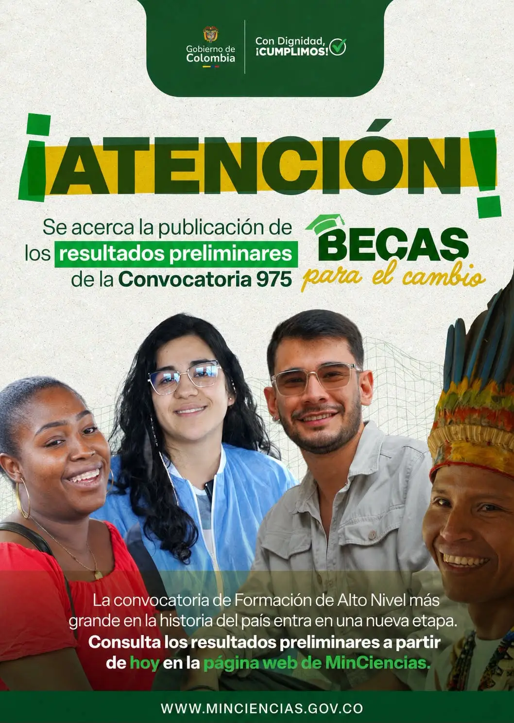 Pieza gráfica del Gobierno de Colombia y MinCiencias anunciando la publicación de resultados preliminares de la Convocatoria 975 Becas para el Cambio.
