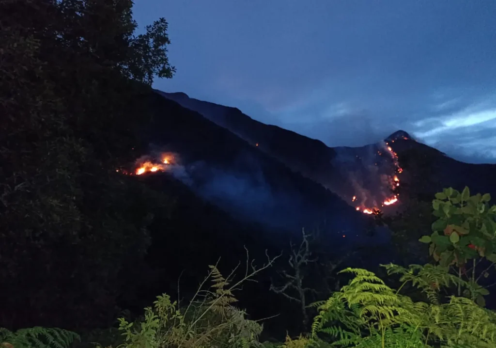 Fotografía nocturna del incendio forestal activo en las laderas del cerro Aminda, mostrando líneas de fuego de color naranja brillante en la oscuridad de la montaña.
