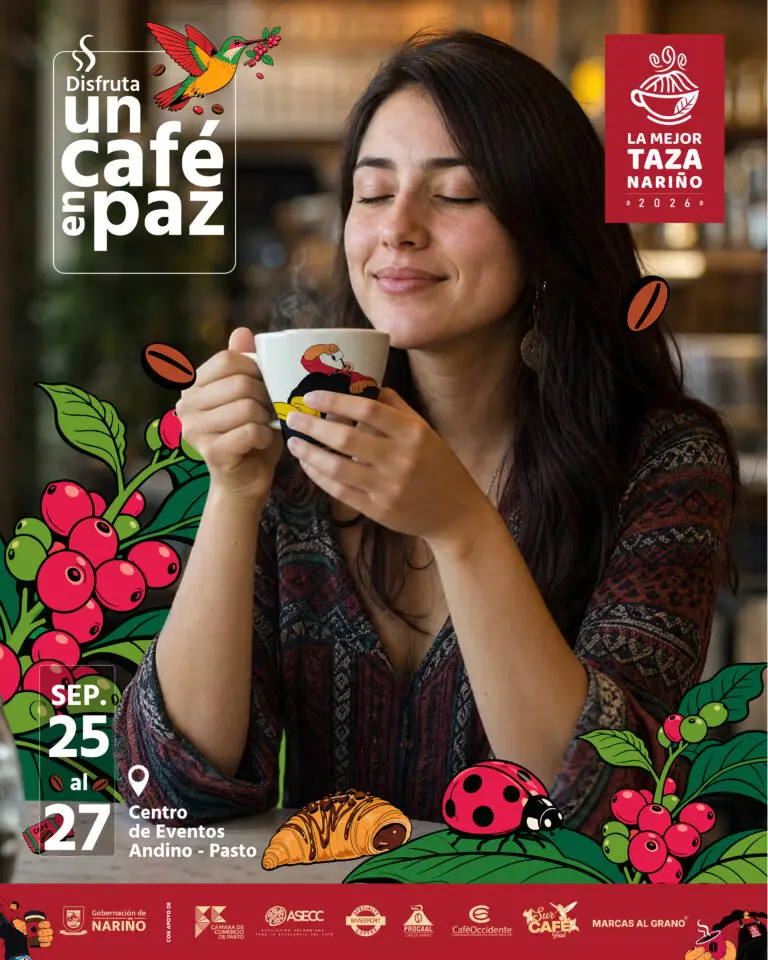 Afiche oficial del evento La Mejor Taza de Nariño 2026 con el lema "Disfruta un café en paz", a realizarse del 25 al 27 de septiembre en el Centro de Eventos Andino de Pasto.