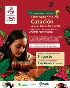 Pieza gráfica promocional de la convocatoria para la Competencia de Catación en el marco del evento La Mejor Taza Nariño 2026.