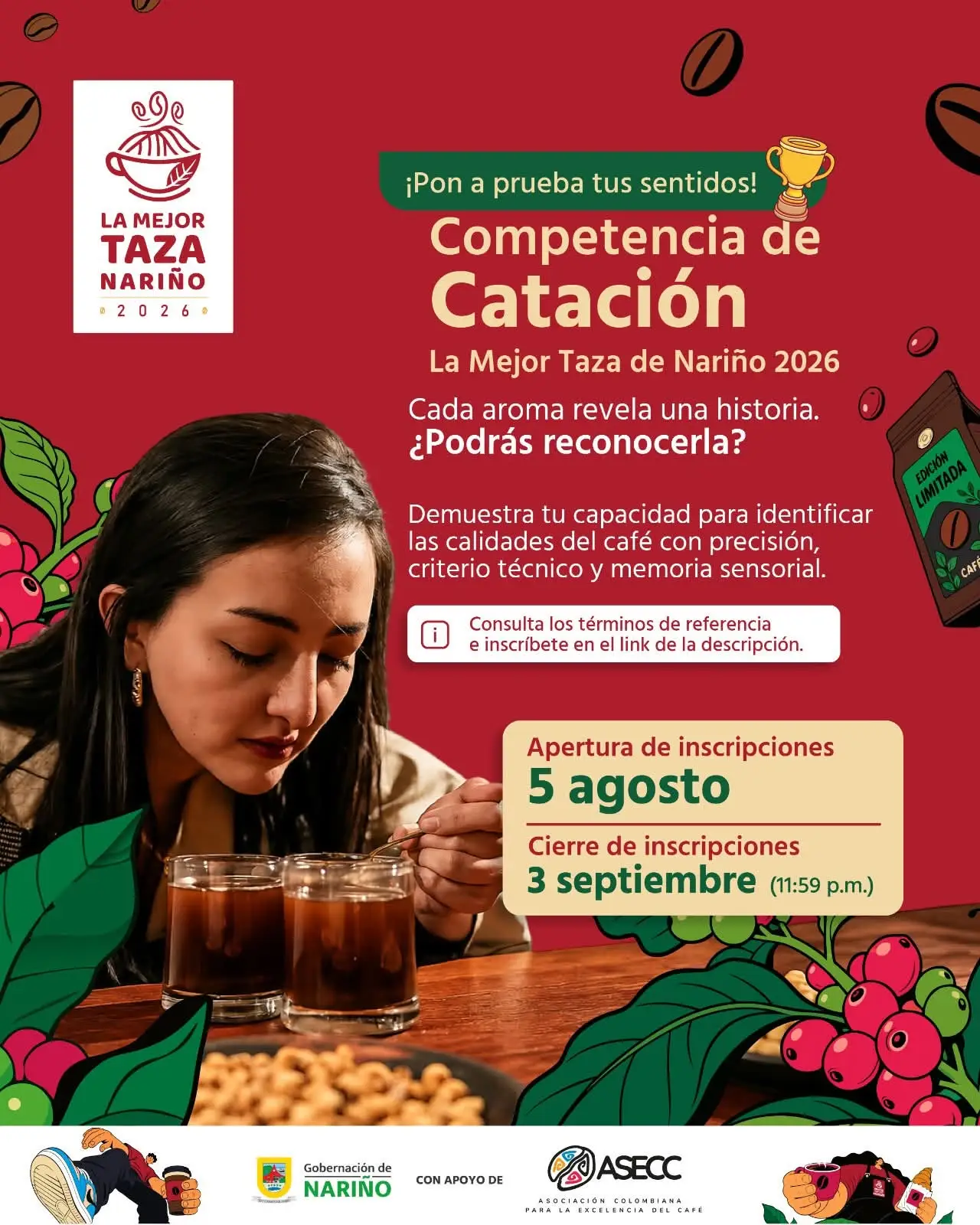 Pieza gráfica promocional de la convocatoria para la Competencia de Catación en el marco del evento La Mejor Taza Nariño 2026.