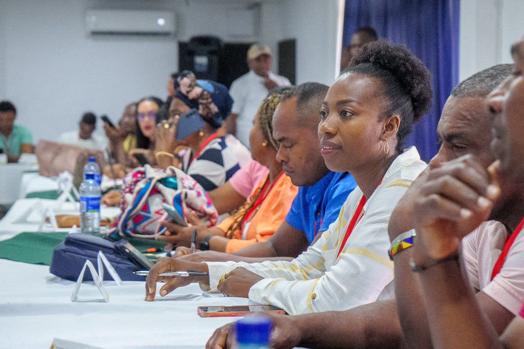 Una mujer afrodescendiente vestida con una blusa blanca de rayas amarillas escribe en una mesa de reuniones junto a otros líderes y representantes de comunidades NARP.  