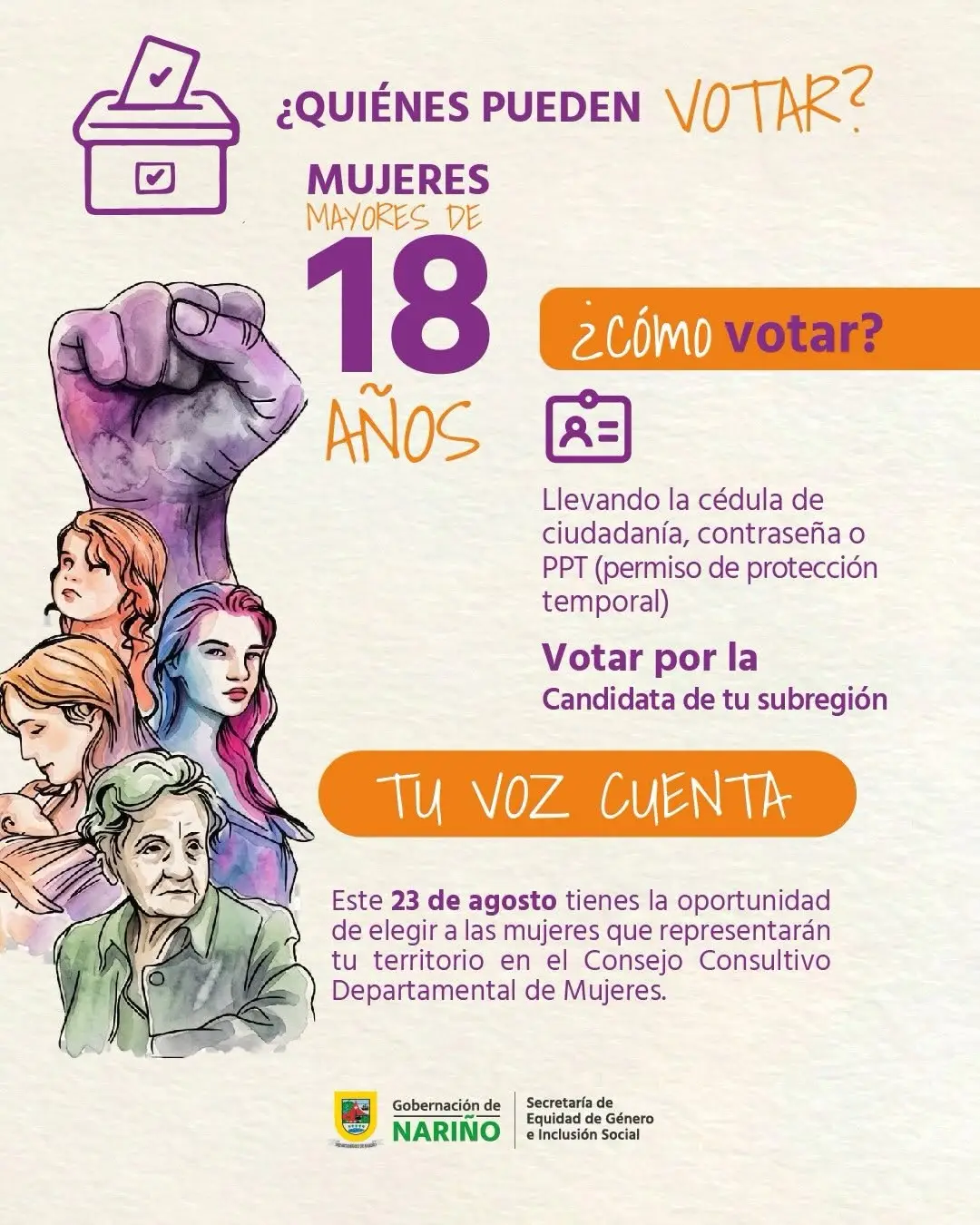 Infografía con requisitos y procedimiento de votación para la elección del Consejo Consultivo Departamental de Mujeres en Nariño.