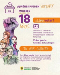 Pieza gráfica promocional para la elección del Consejo Consultivo Departamental de Mujeres de Nariño con horario y consignas de participación.